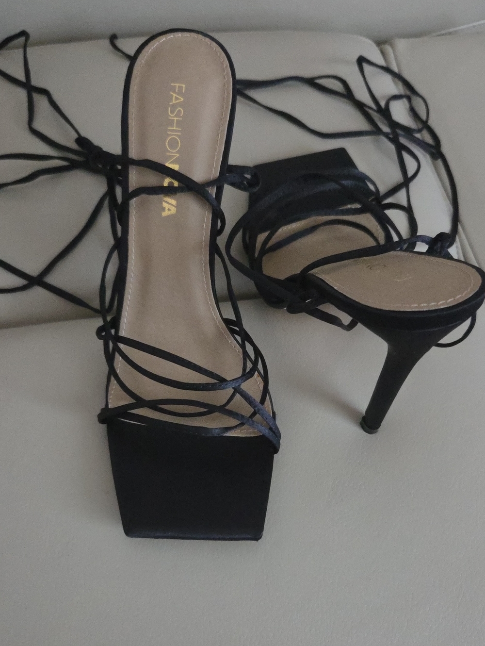 Fashion Nova Black Lace-Up Square-Toe Stiletto Heels Size 7